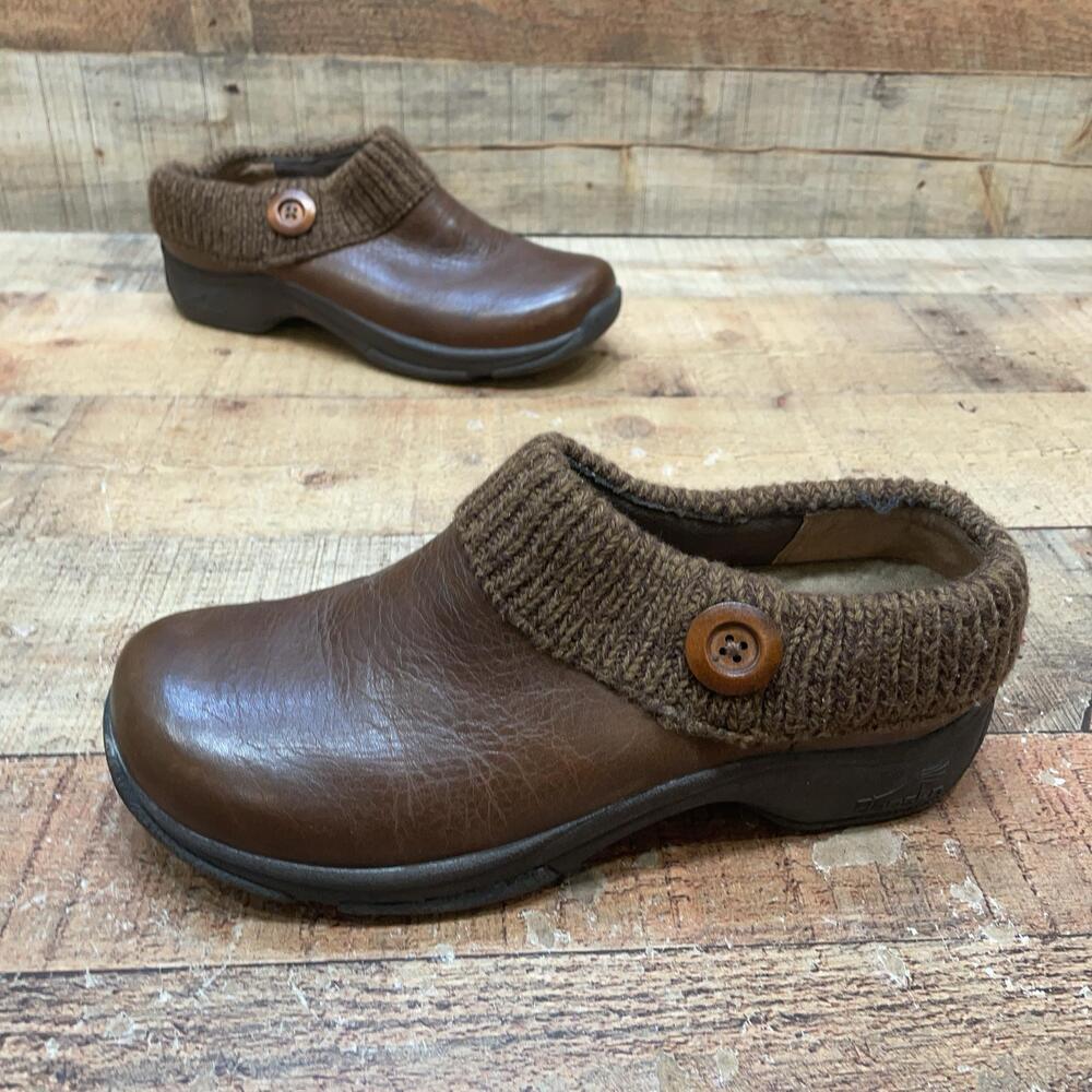 Dansko Clogs Womens Size 9.5 40 Brown Leather Knit Cuff Slip On Comfort Shoes